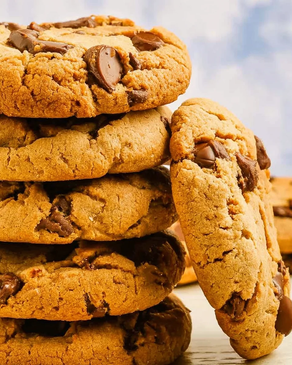 Peanut butter chocolate chip cookies staked, with one cookie resting against the stack. Peanut butter chocolate chip cookies staked, with one cookie resting against the stack.