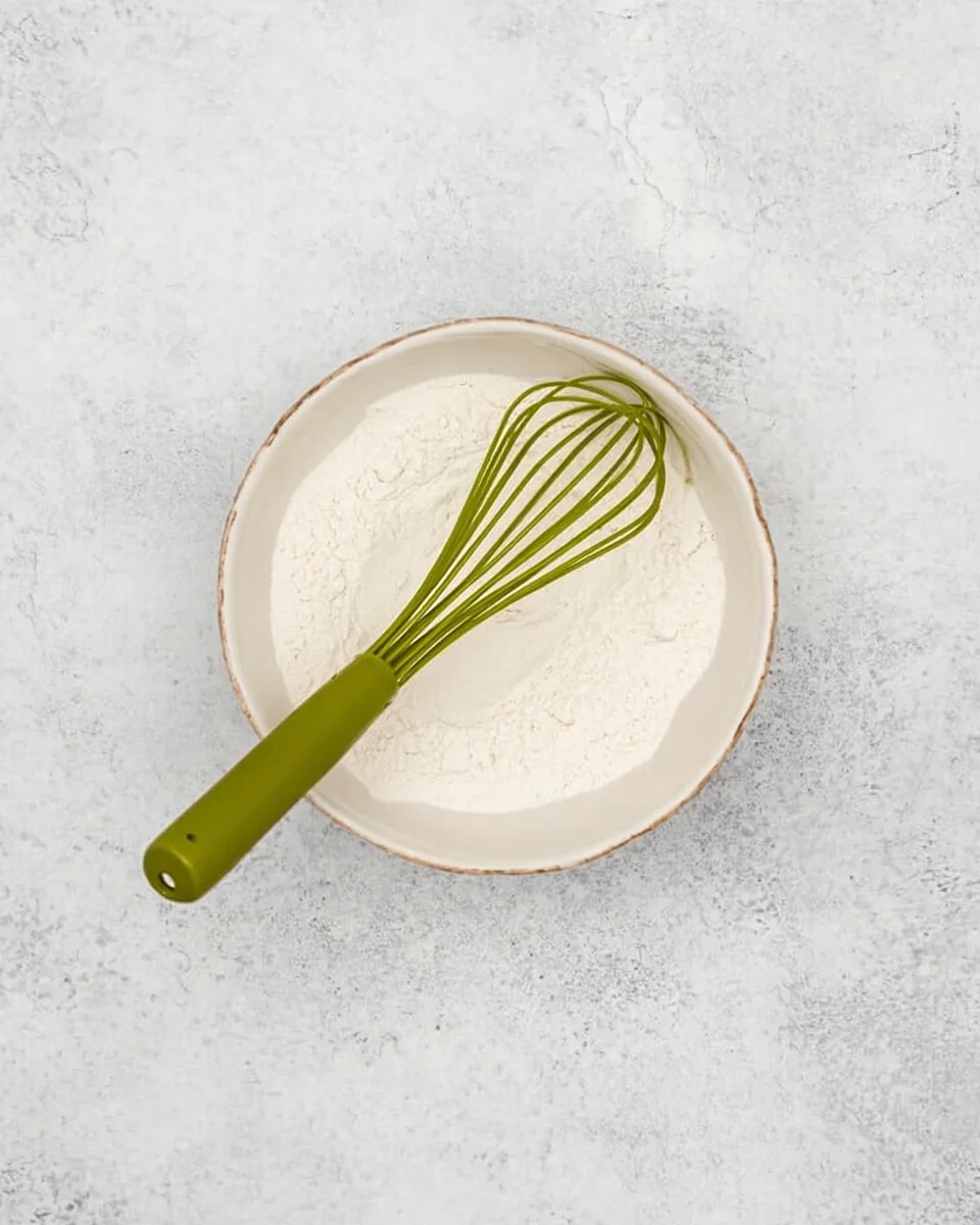 Flour, baking soda, baking powder, and salt all whisked together in a mixing bowl. Flour, baking soda, baking powder, and salt all whisked together in a mixing bowl.