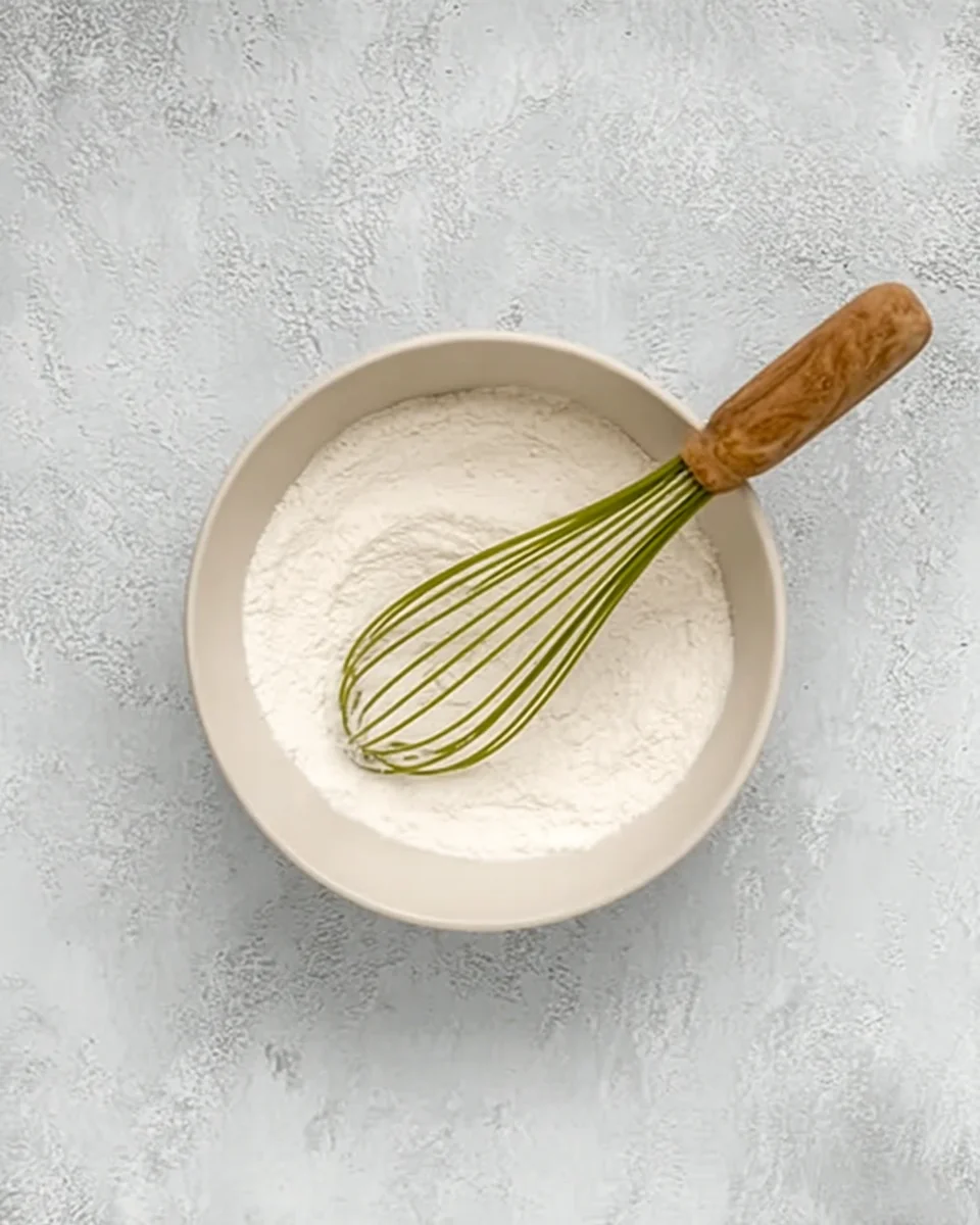 Flour, baking soda, baking powder, and salt all whisked together in a mixing bowl. Flour, baking soda, baking powder, and salt all whisked together in a mixing bowl.