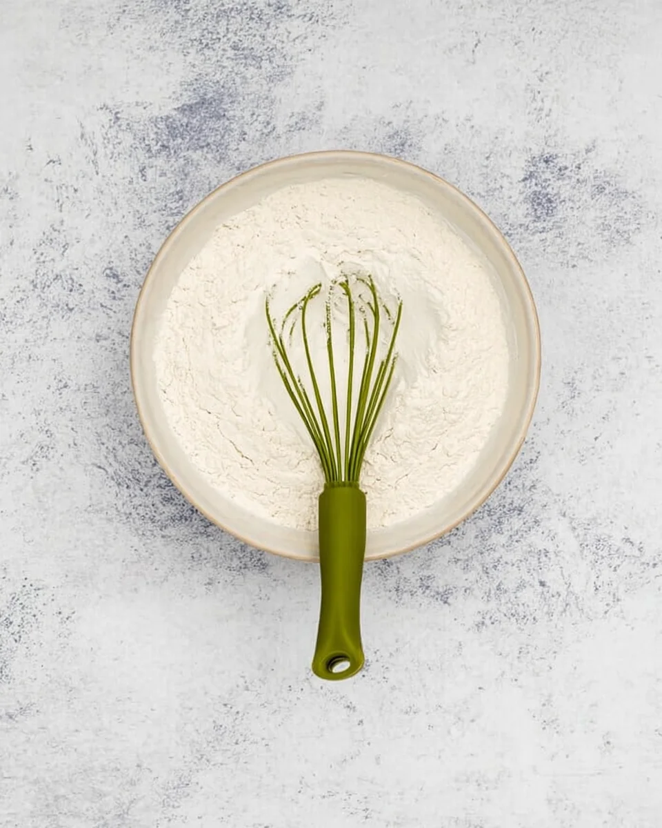Flour, baking powder, baking soda, and salt whisked together in a mixing bowl. Flour, baking powder, baking soda, and salt whisked together in a mixing bowl.