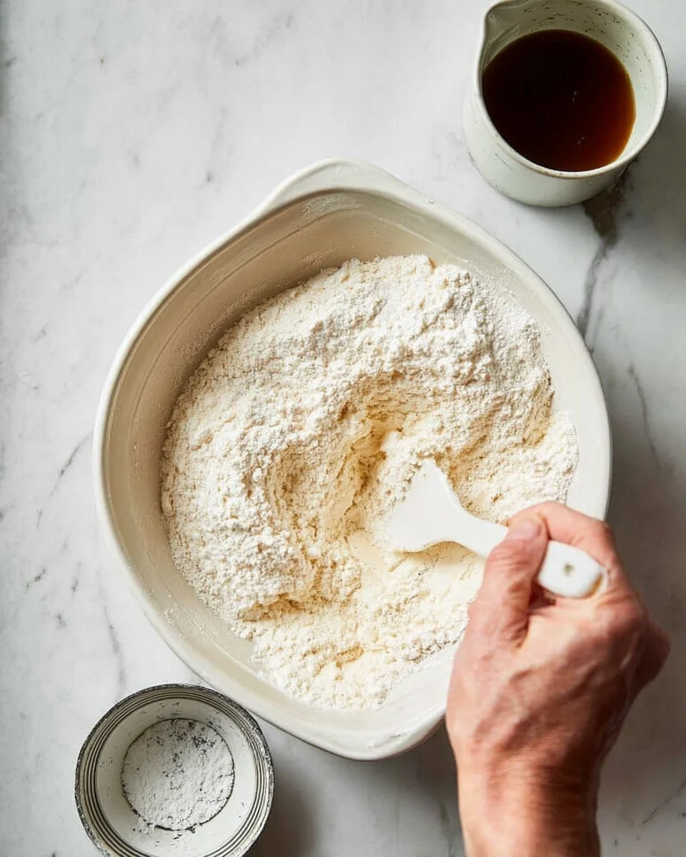 Stirring the dry ingredients into the wet ingredients. Stirring the dry ingredients into the wet ingredients.