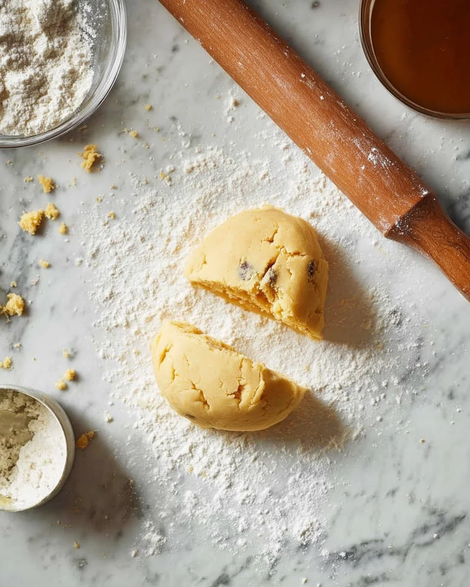Cookie dough cut in half on a kitchen surface. Cookie dough cut in half on a kitchen surface.