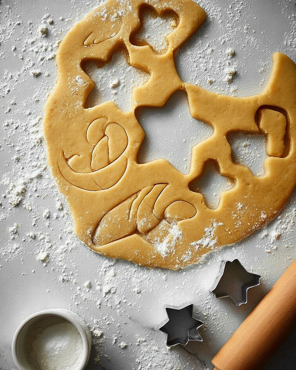 Cookie dough rolled out with shapes cut out of it. Cookie dough rolled out with shapes cut out of it.