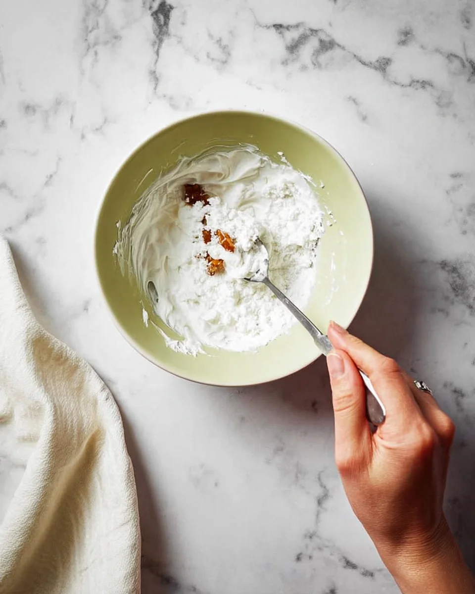 Stirring the frosting ingredients in a small bowl. Stirring the frosting ingredients in a small bowl.