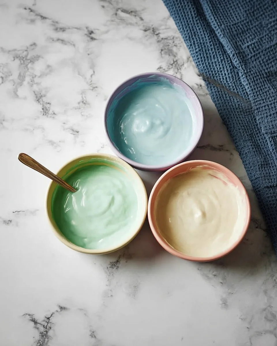 Three bowls with three different colored icings. Three bowls with three different colored icings.