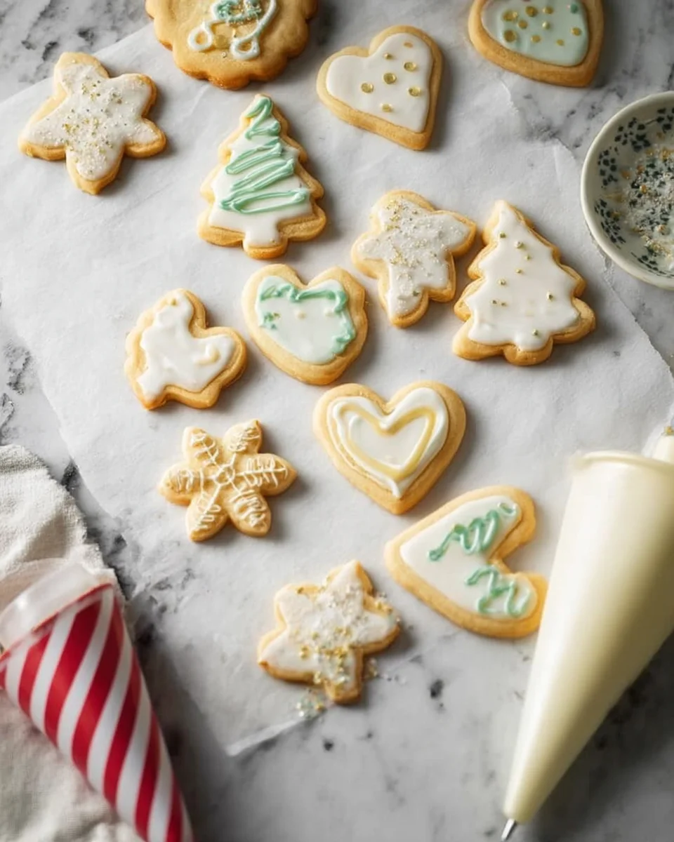 Iced Christmas sugar cookies with a piping bag by the side. Iced Christmas sugar cookies with a piping bag by the side.