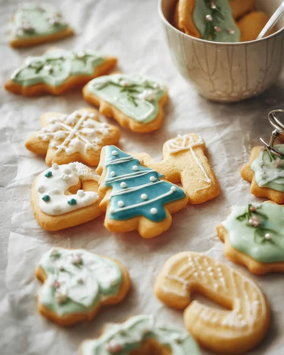 Freshly iced Christmas sugar cookies on parchment paper. Freshly iced Christmas sugar cookies on parchment paper.