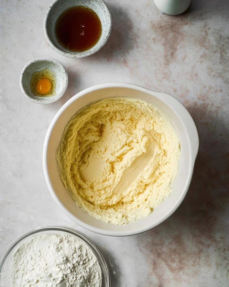 Mixing bowl with creamed butter. Mixing bowl with creamed butter.