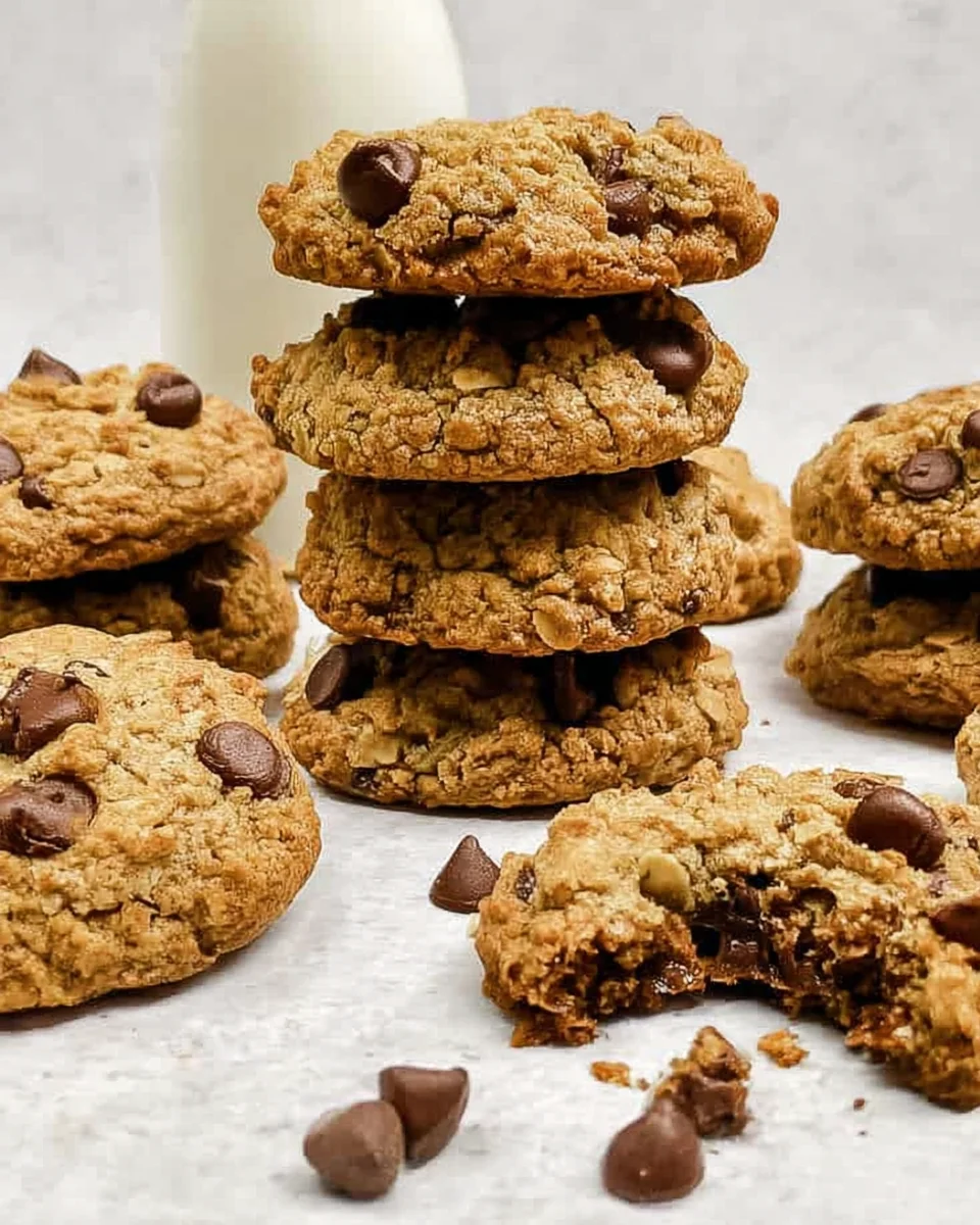 Oatmeal chocolate chip cookies and one with a bite out of it. Oatmeal chocolate chip cookies and one with a bite out of it.