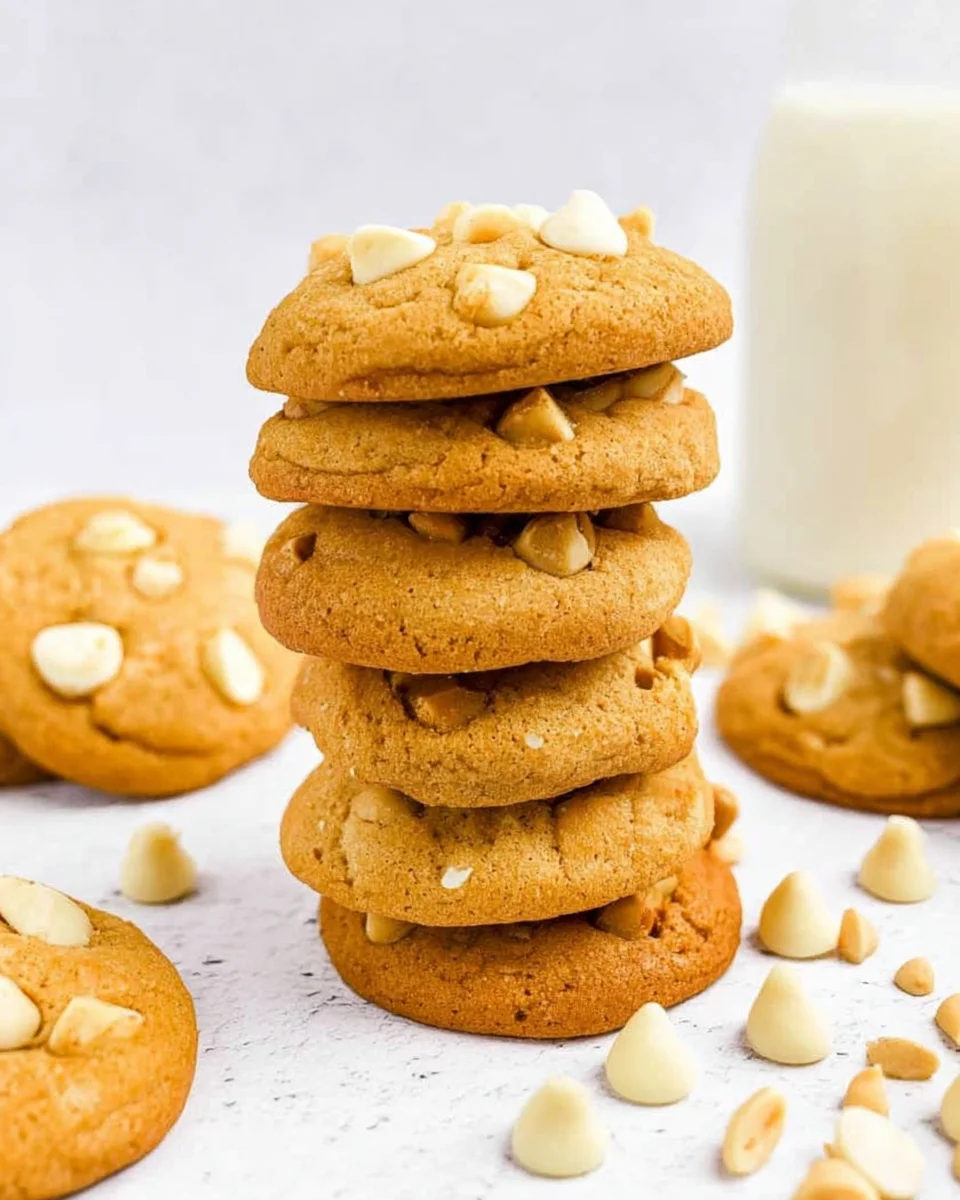 White chocolate macadamia nut cookies in a stack with chocolate chips and nuts around them.