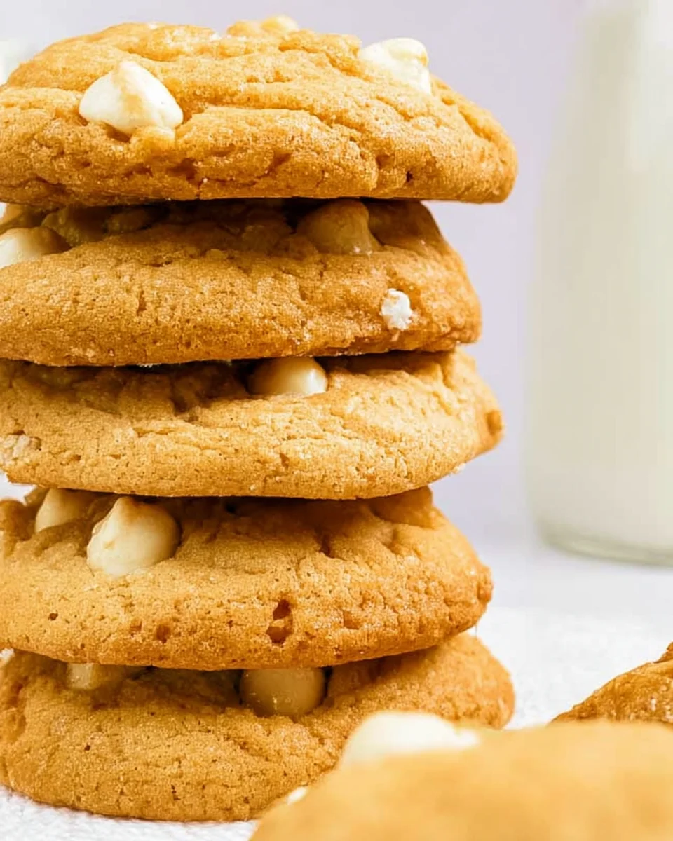 White chocolate macadamia cookies stacked up.