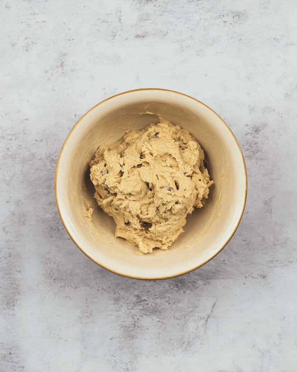 Cookie dough in a mixing bowl.