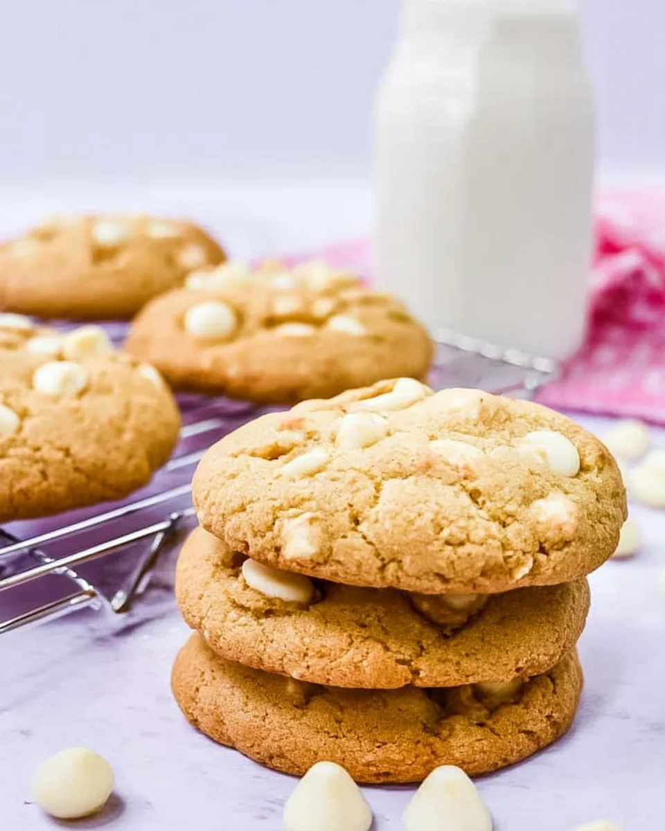 White chocolate macadamia nut cookies with a glass of milk behind.