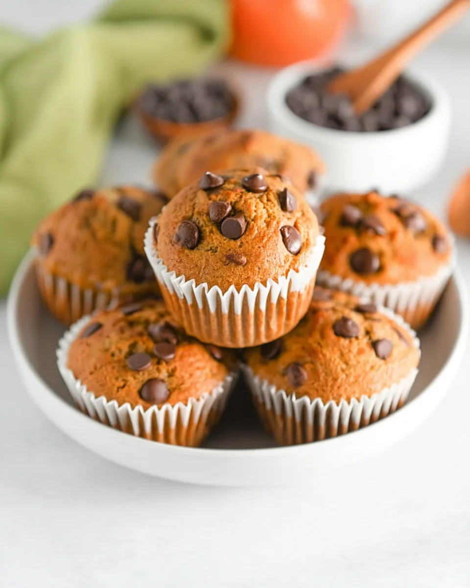Close up of moist pumpkin chocolate chip muffin with melty chocolate chips on top.