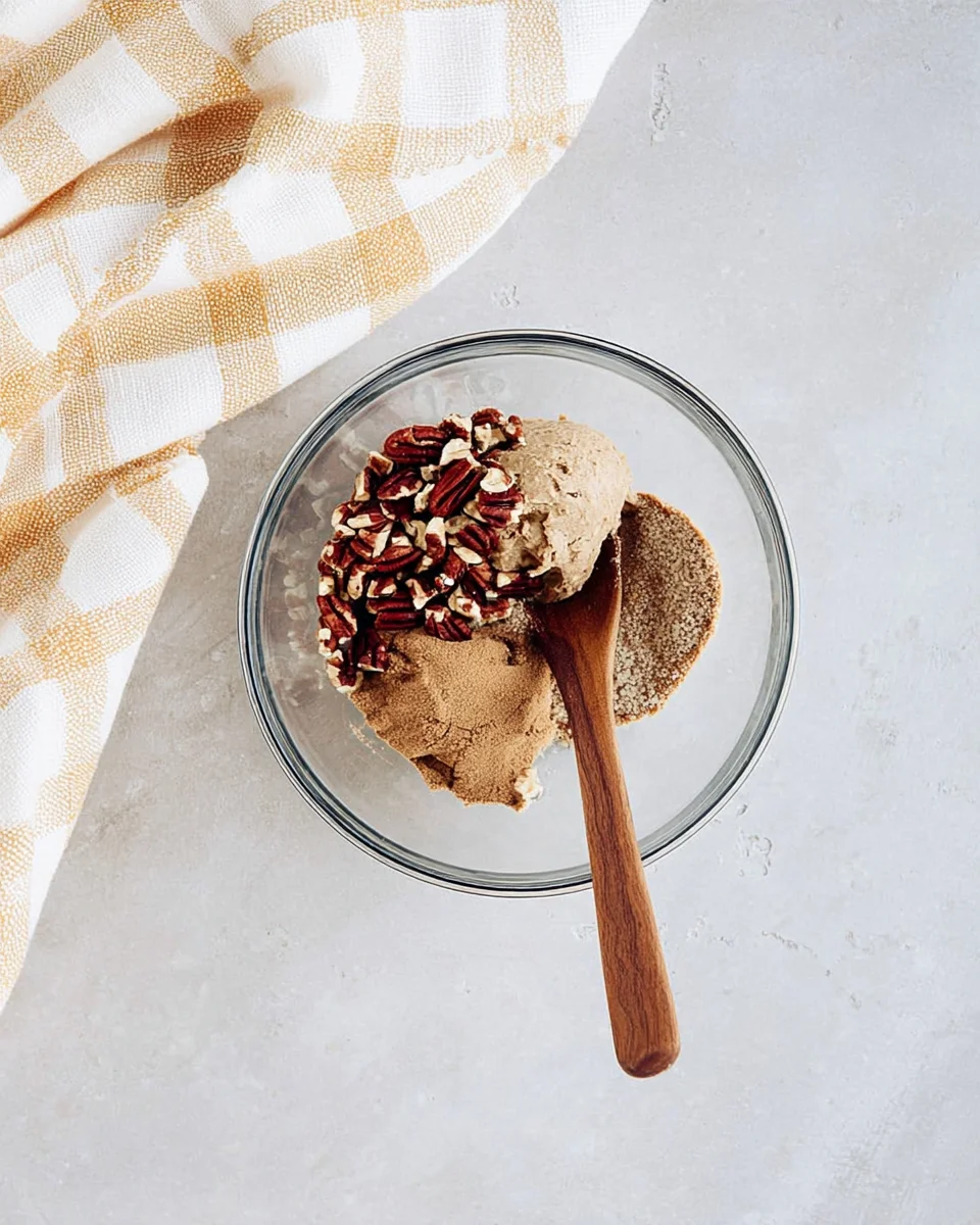 Small bowl with brown sugar, chopped pecans, and cinnamon mixed together for the streusel topping.