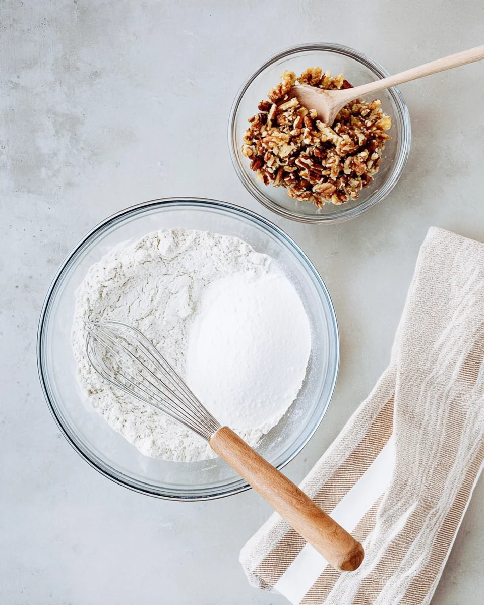 Dry ingredients being whisked together in a large mixing bowl.