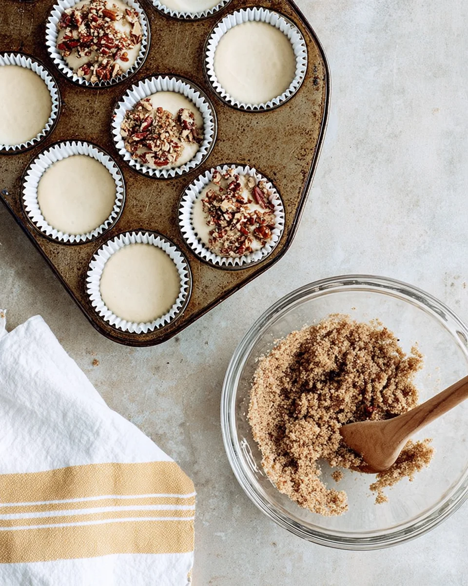 Muffin liners filled with a spoonful of batter and a sprinkle of cinnamon nut streusel.