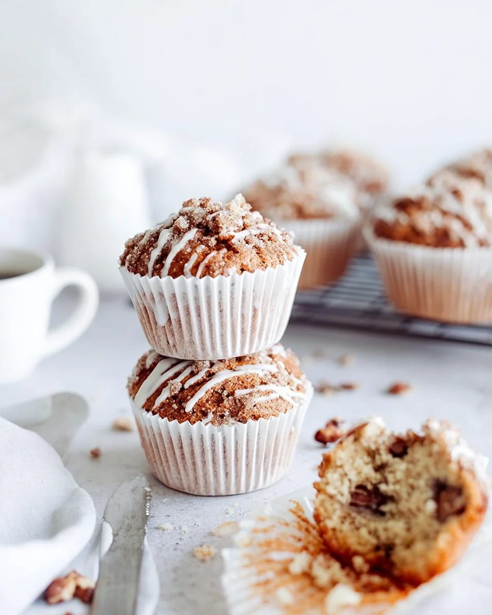 Stacked bakery-style cinnamon crumb muffins with glaze dripping down the sides.