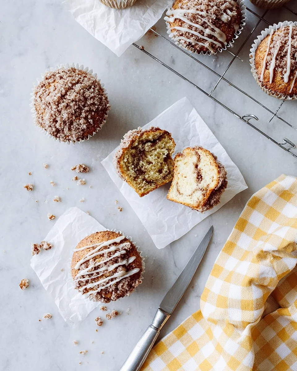 Unwrapped coffee cake muffin showing cinnamon swirl inside and fluffy texture.
