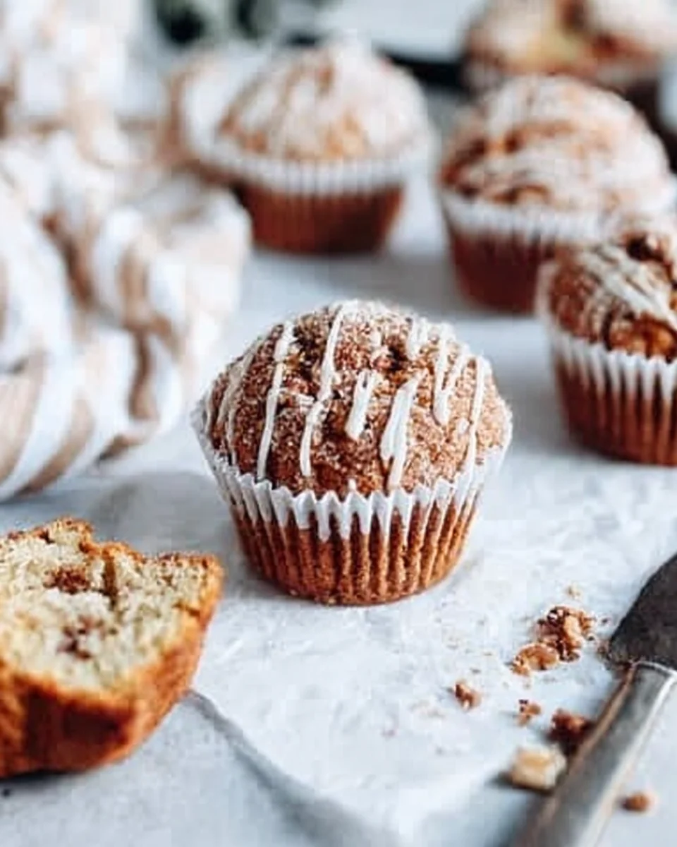 Close-up of a moist coffee cake muffin with crumb topping and vanilla glaze drizzle.