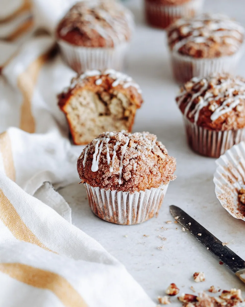 Soft and fluffy coffee cake muffin topped with crunchy streusel and powdered sugar glaze.