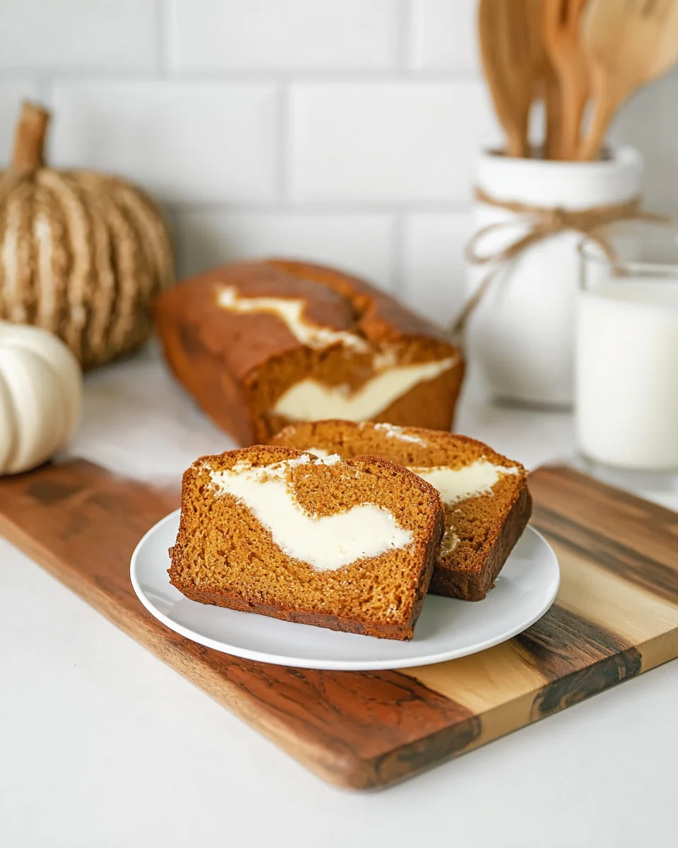 sliced pumpkin cream cheese bread on a white plate with a full loaf behind it.