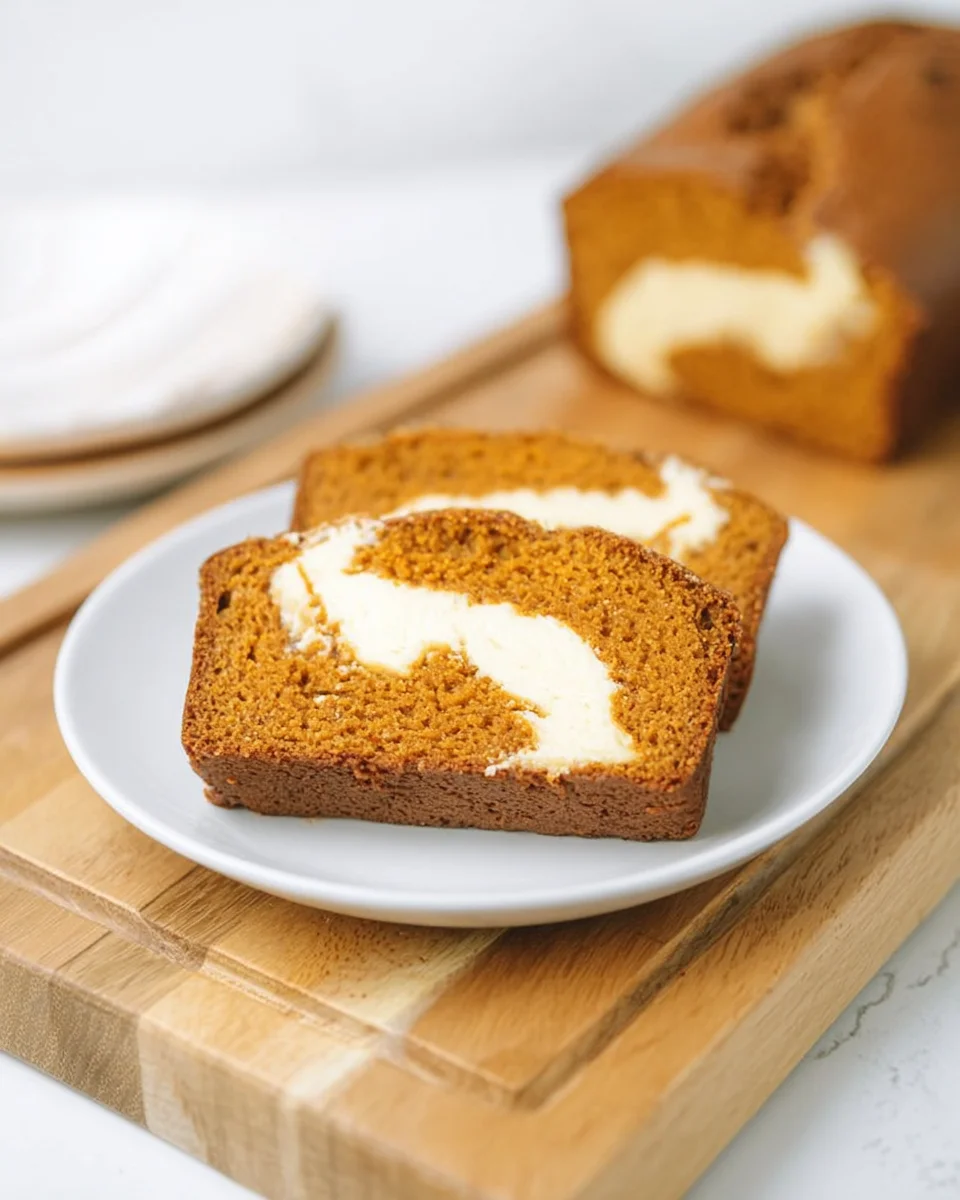 sliced pumpkin cream cheese bread on a white serving plate.