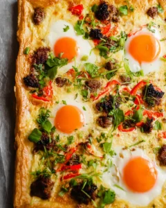 puff pastry breakfast tart topped with runny eggs, sausage, veggies and herbs.