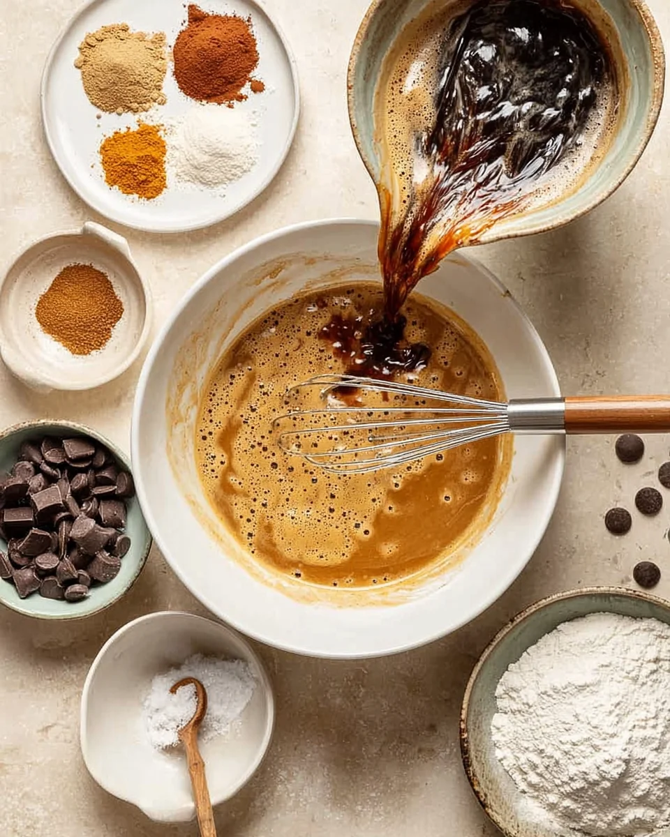 Brown-Butter-Dirty-Chai-Chocolate-Chip-Cookies-2-683x1024.jpg brown butter being poured into batter