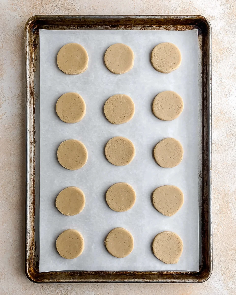 Slices of cookie dough arranged on a parchment lined baking sheet Slices of cookie dough arranged on a parchment lined baking sheet