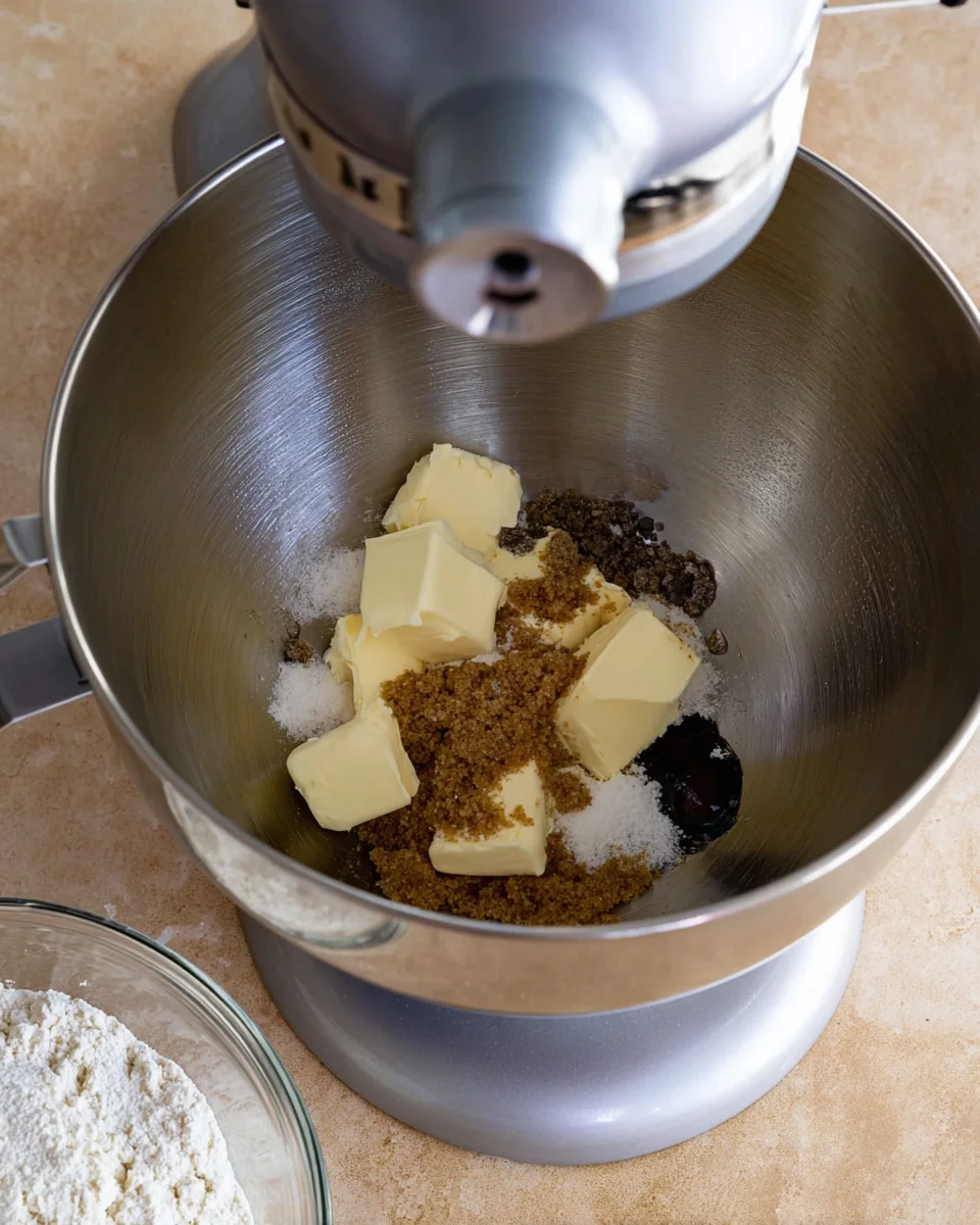 Brown sugar, butter, vanilla bean paste, and salt in the bowl of a stand mixer Brown sugar, butter, vanilla bean paste, and salt in the bowl of a stand mixer
