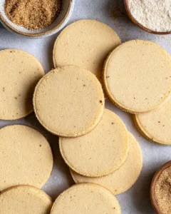 Brown sugar shortbread cookies arranged in an overlapping pattern on a table