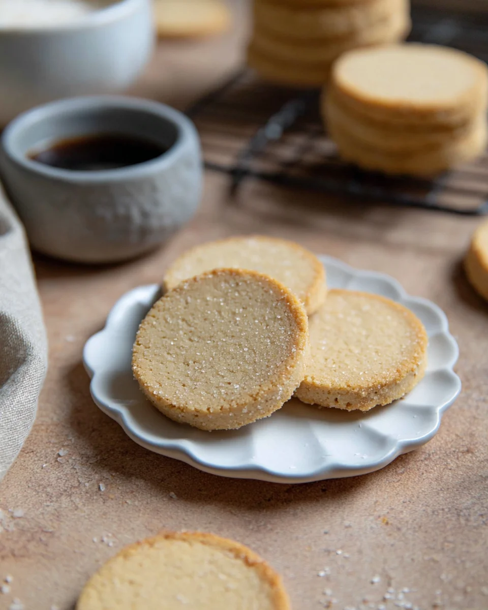 Three cookies on a small dessert plate with more cookies on wire rack in the background. Three cookies on a small dessert plate with more cookies on wire rack in the background.