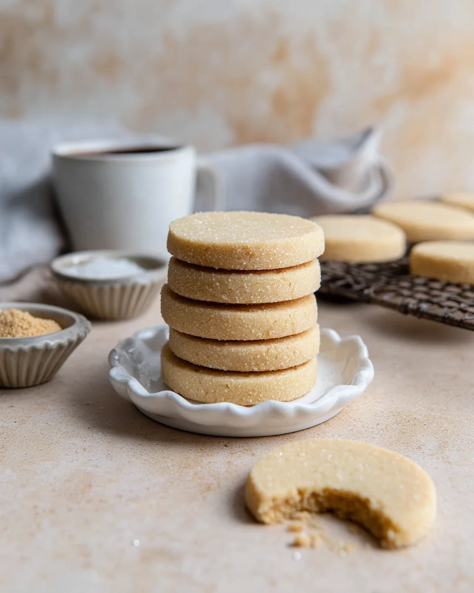 A stack of brown sugar shortbread cookies on a small white dessert plate A stack of brown sugar shortbread cookies on a small white dessert plate