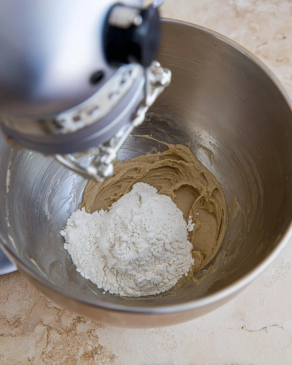 Flour added to the other cookie ingredients in the bowl of a stand mixer Flour added to the other cookie ingredients in the bowl of a stand mixer