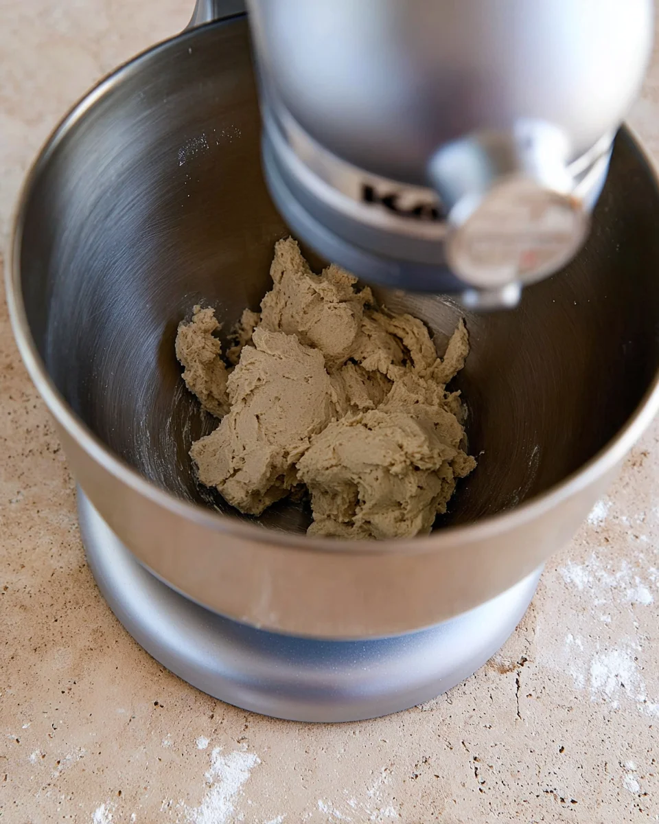 The brown sugar cookie dough in the bowl of a stand mixer The brown sugar cookie dough in the bowl of a stand mixer