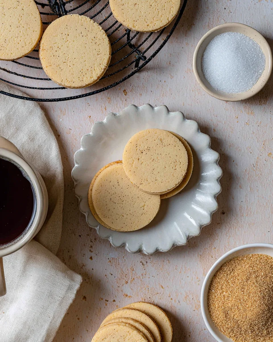 Three cookies on a small plate with more cookies on a wire rack. There is a also a cup of tea and small bowl of sugar Three cookies on a small plate with more cookies on a wire rack. There is a also a cup of tea and small bowl of sugar