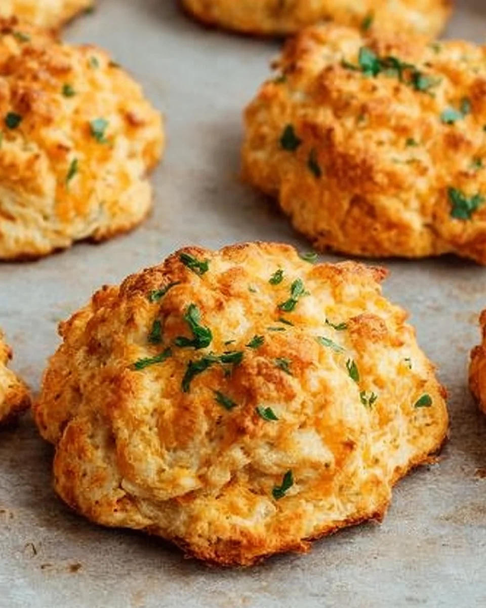 cheddar bay biscuits on baking sheet