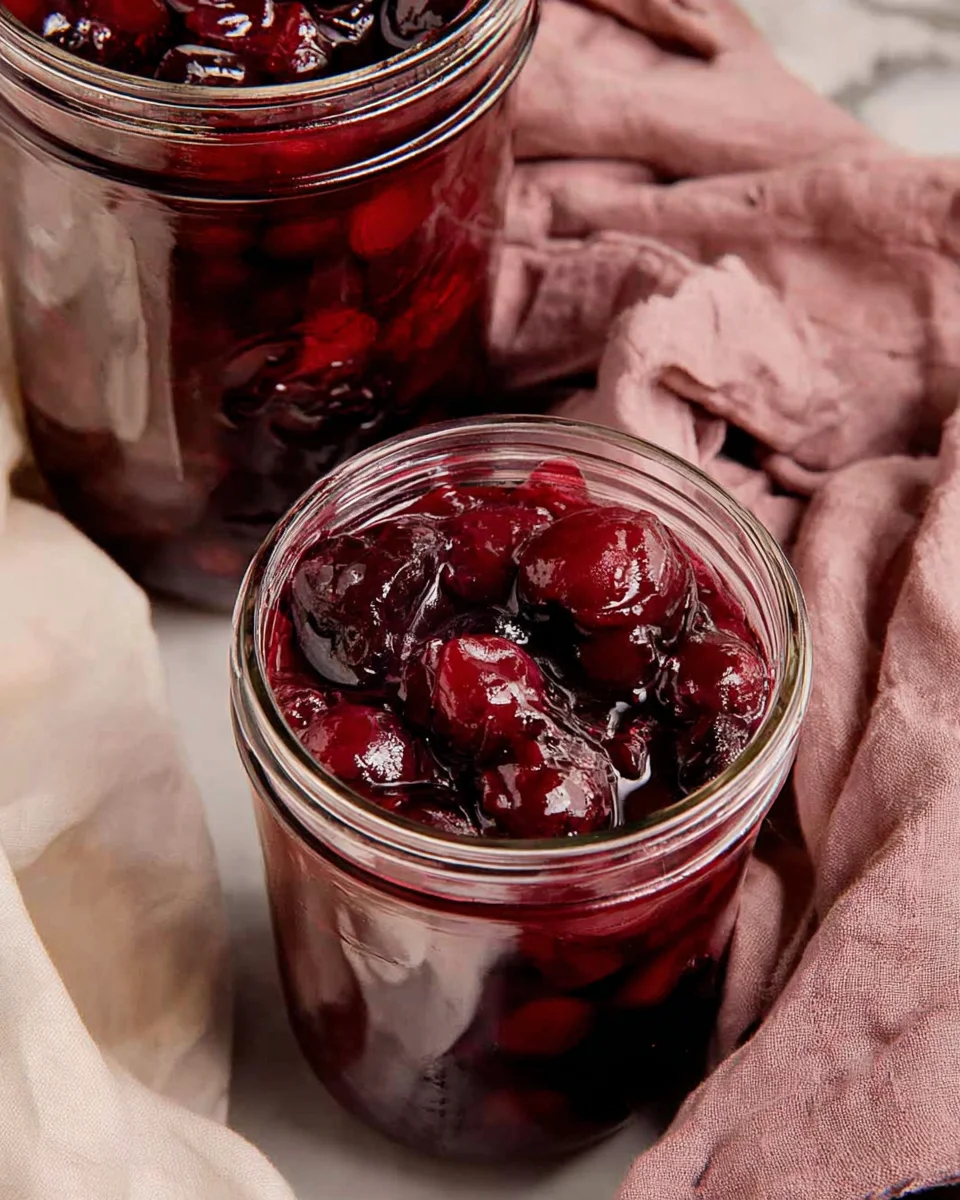 Juicy cherry pie filling in a small glass weck jar.