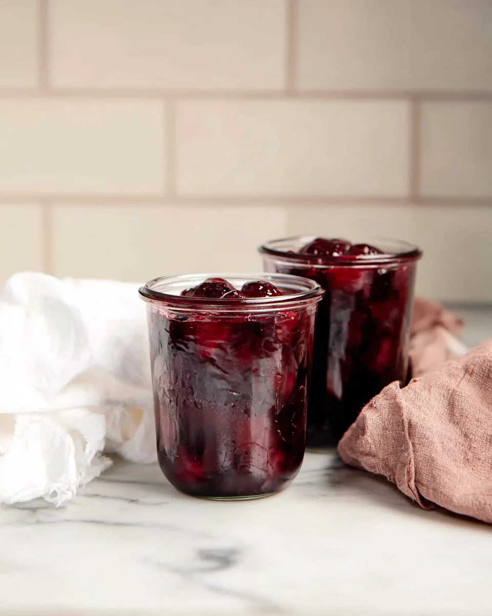 Two glass weck jars filled with cherry filling.