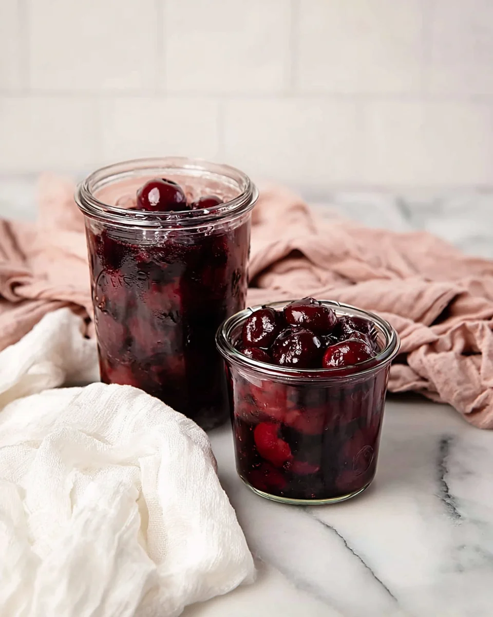 Two weck jars on marble top, showing the cherry pie filling inside the jars.