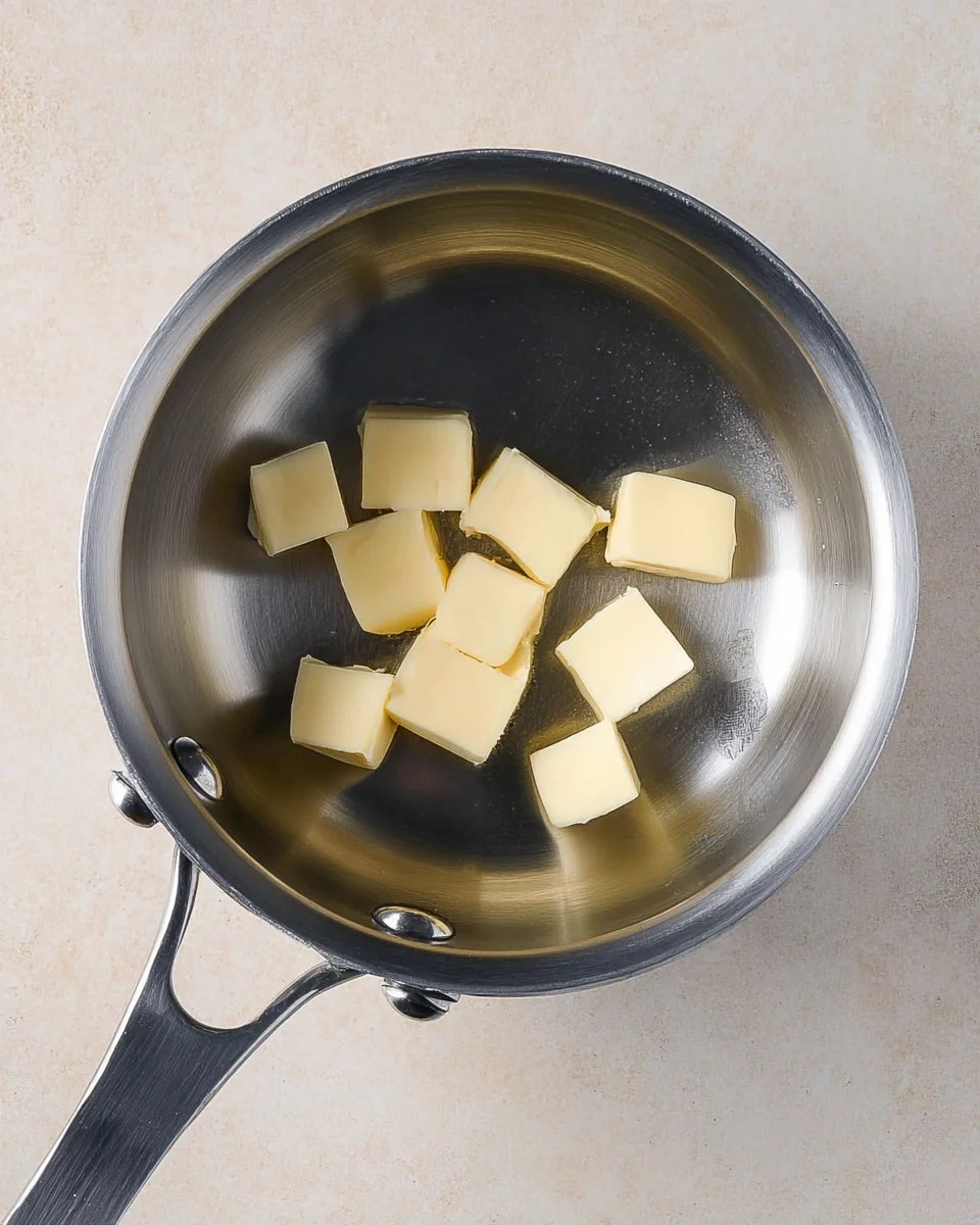 Eight tablespoons of butter cut into 8 pieces and placed in a saucepan 