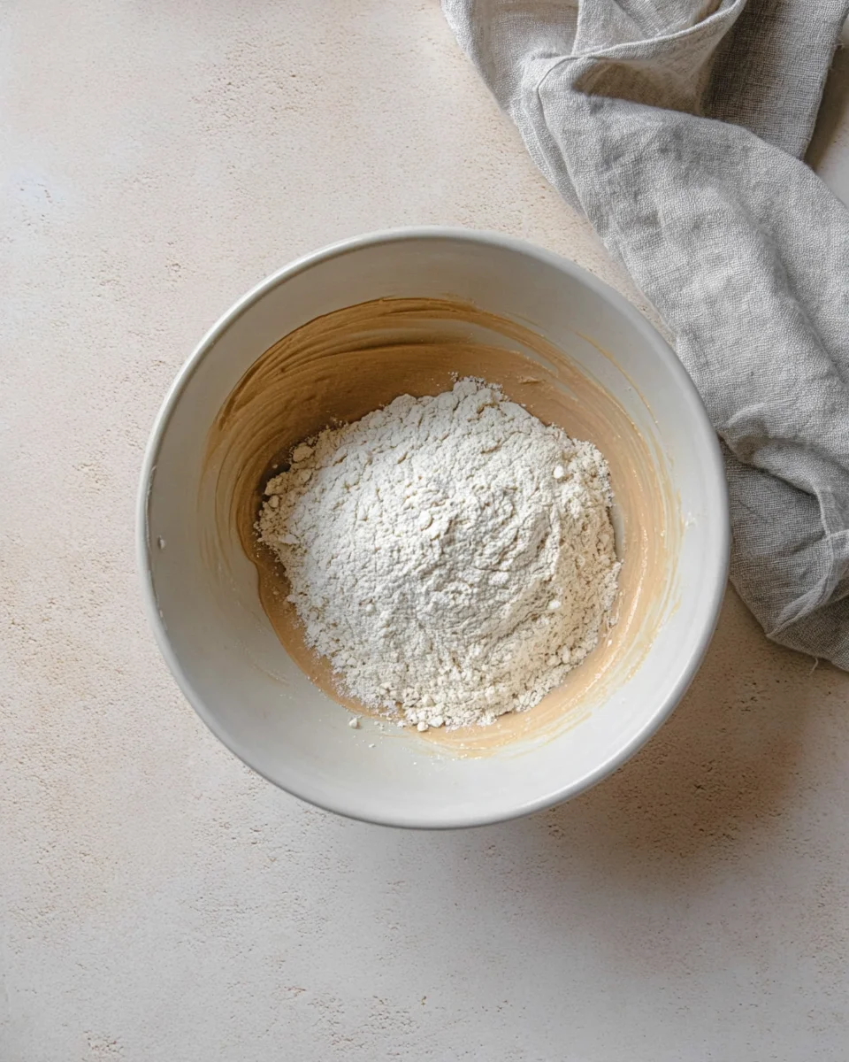 The dry ingredients added to the wet ingredients for the chocolate chip pecan cookie dough