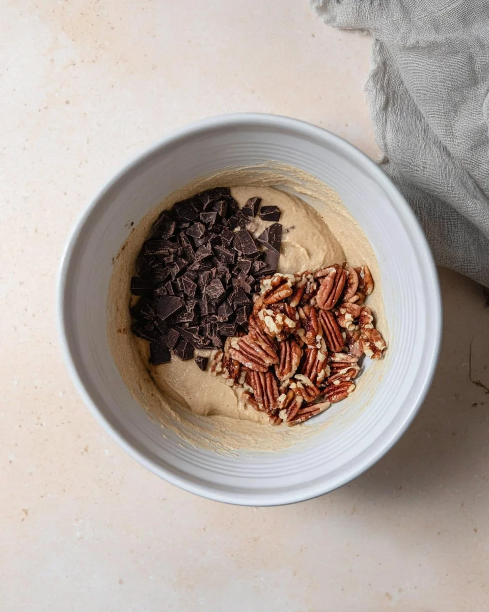 Chocolate chunks and chopped pecans added to the chocolate chip pecan cookie dough