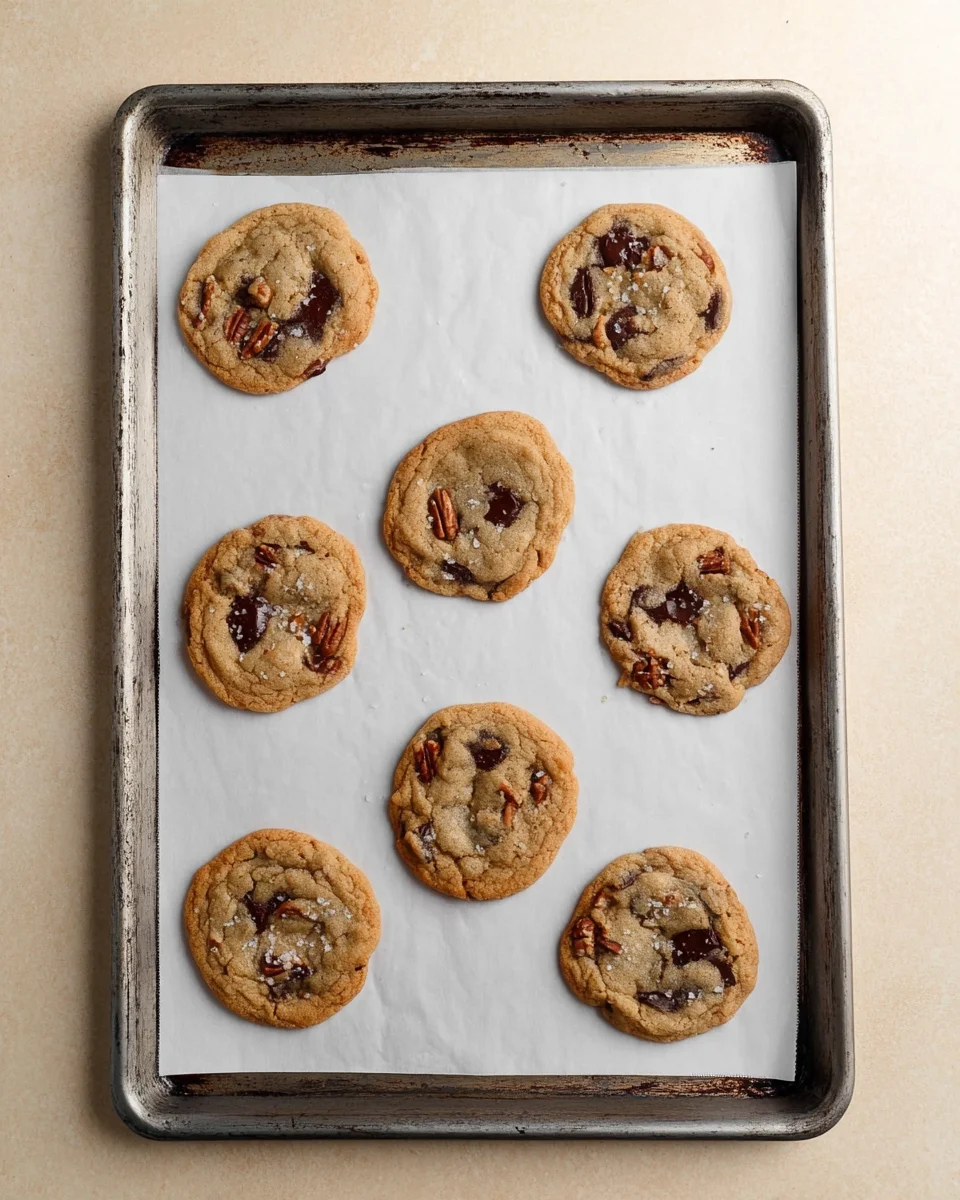 Baked chocolate chip pecan cookies on a parchment lined baking sheet