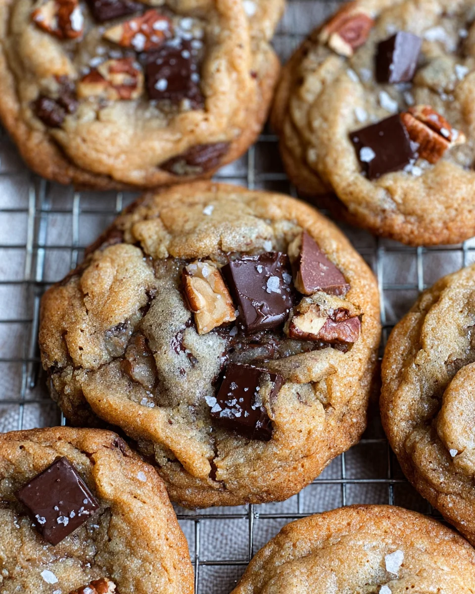Chocolate chip pecan cookies arranged on a flat surface. The cookies are overlapping one another