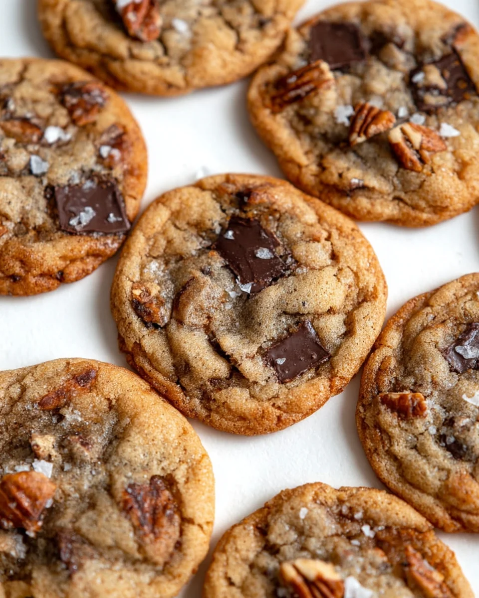 Chocolate chip pecan cookies arranged on a flat surface. The cookies are overlapping one another