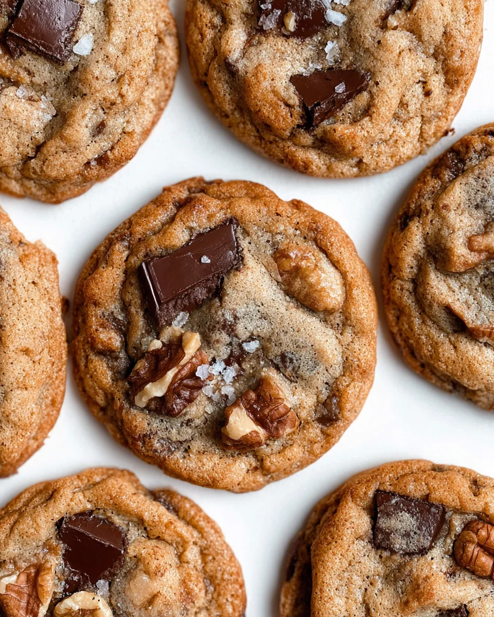 Chocolate chip pecan cookies arranged on a flat surface. The cookies are overlapping one another