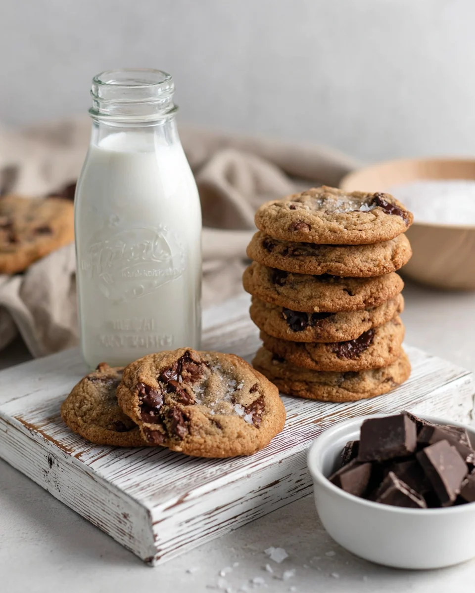 A stack of 5 chocolate chip pecan cookies on a small white wooden board.  There is a glass of milk next to the stack of cookies