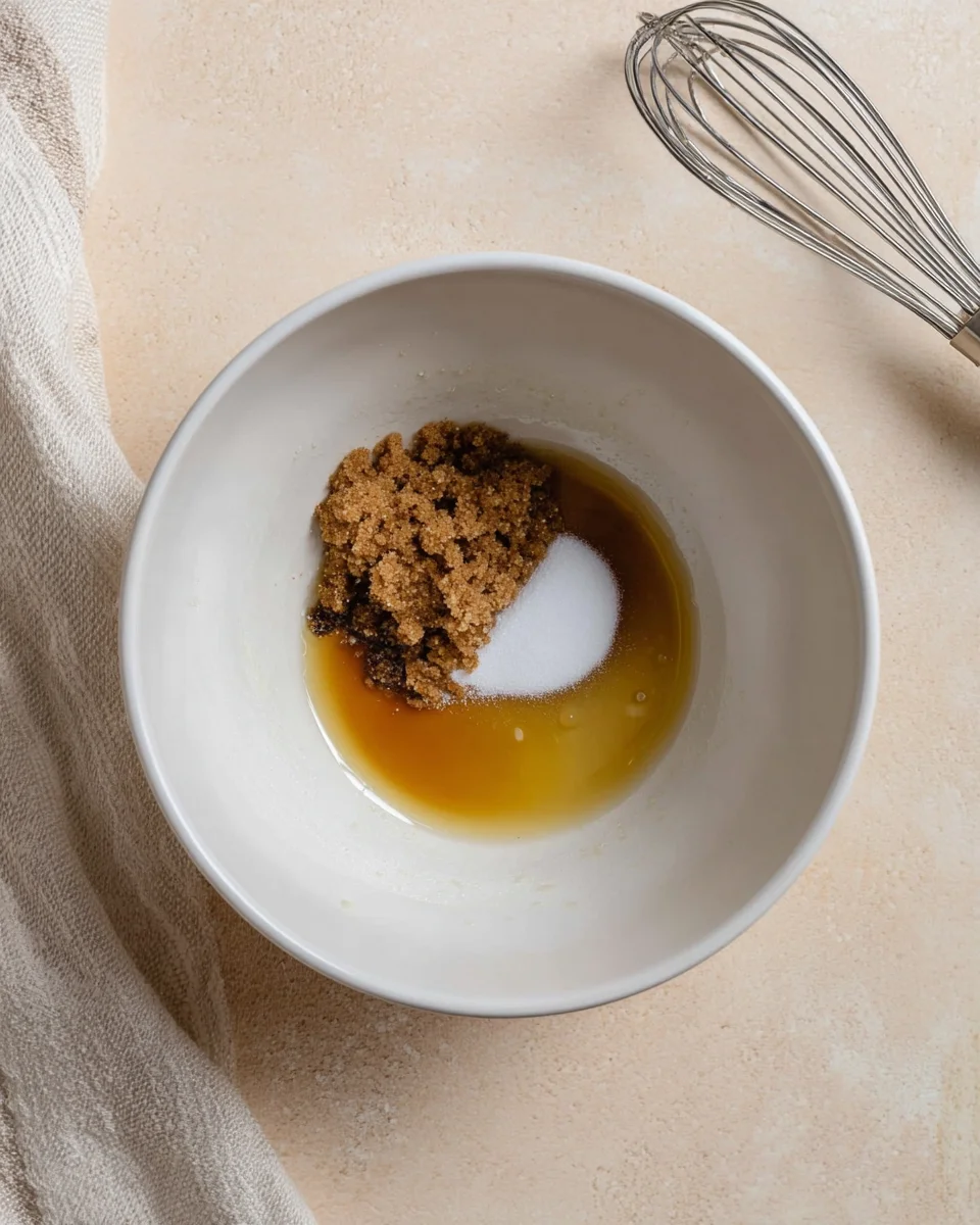Melted brown butter, dark brown sugar, and granulated sugar in a large mixing bowl